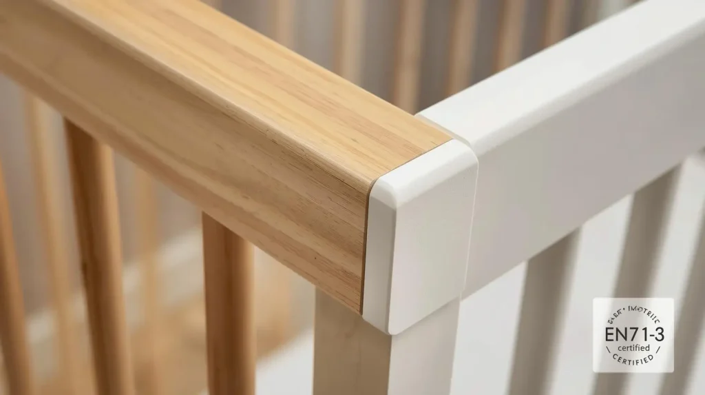 Close-up of cot rail finished with non-toxic baby-safe paint.