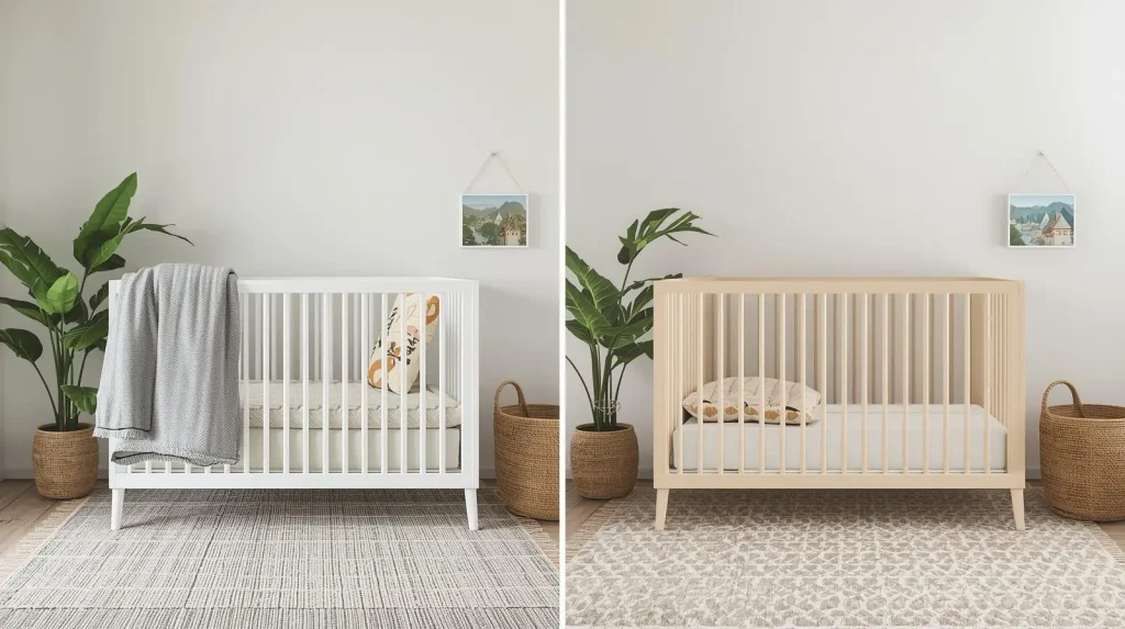 Nursery cot showing adjustable base height positions for newborns and older babies.